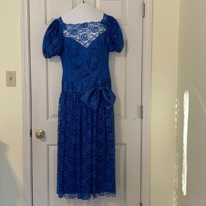 Vintage 80s  Damore Royal Blue laceBow Prom Strapless Dress Gown medium Formal